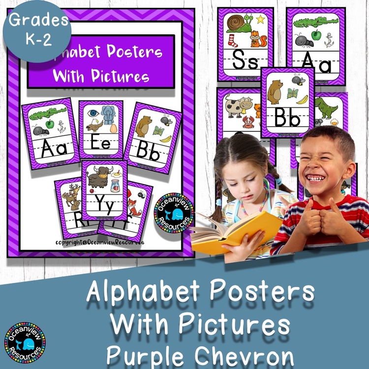 Alphabet cards with Pictures Classroom Decor- Purple Chevron