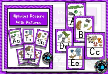 Alphabet cards with Pictures Classroom Decor- Purple Chevron, image 2