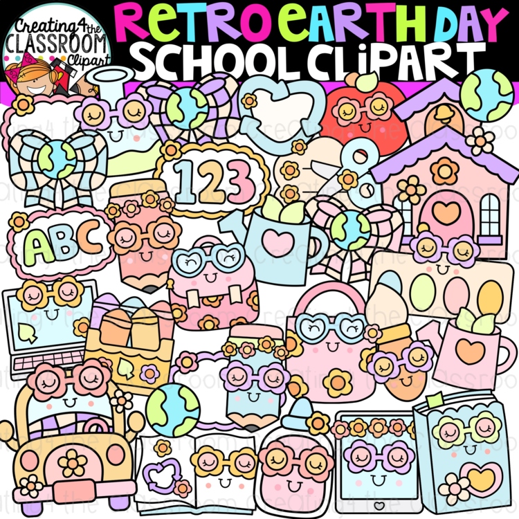 Retro Earth Day School Clipart | Groovy Earth Day clipart for worksheets