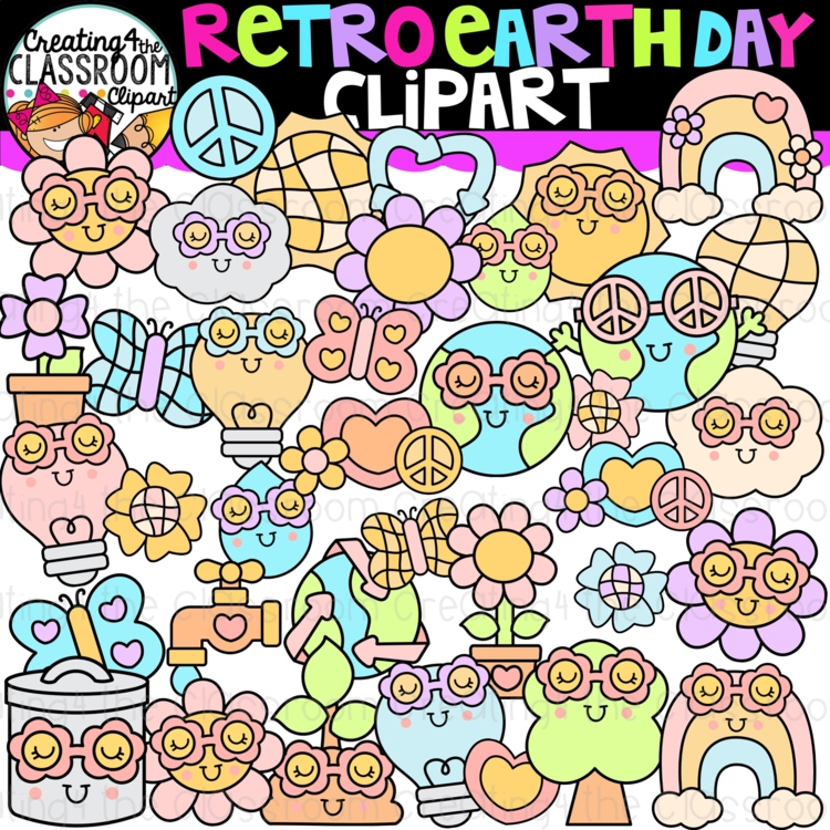 Retro Earth Day Clipart | Groovy Earth Day clipart for worksheets