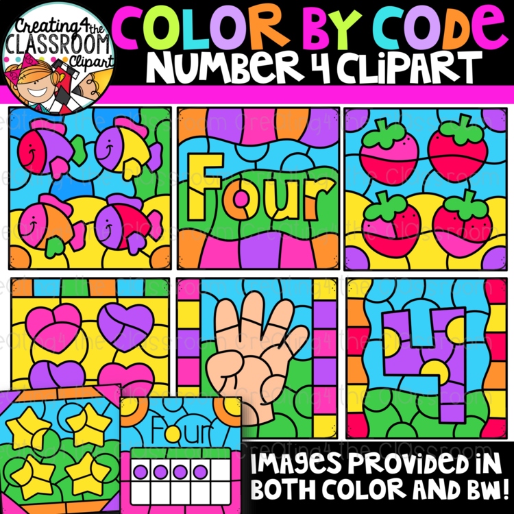 Number 4 Color by Code Clipart | Counting and Early Math Activities