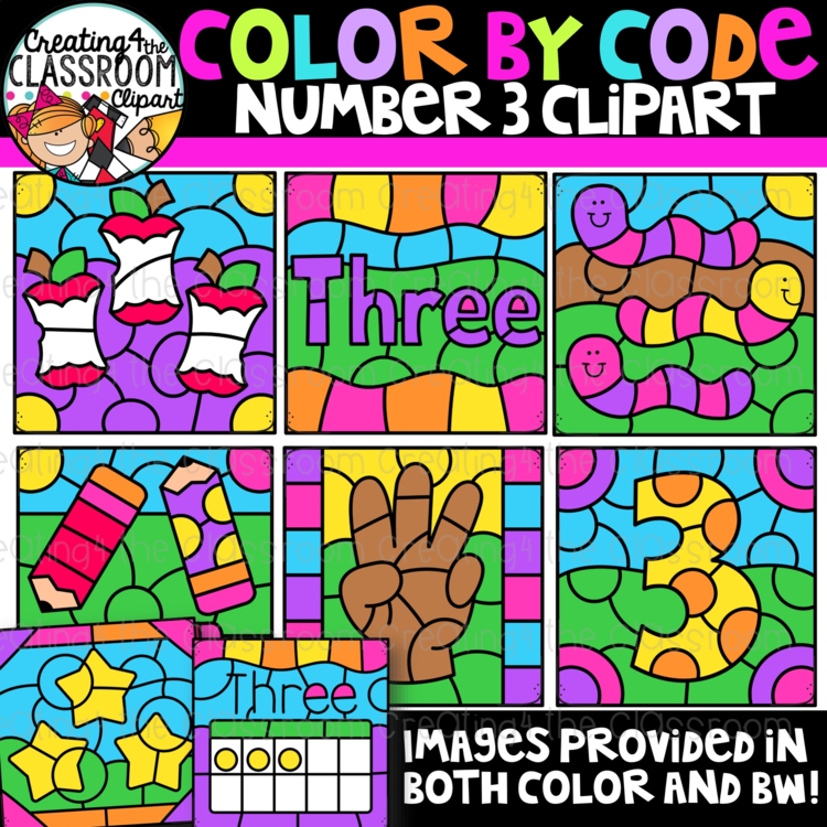 Number 3 Color by Code Clipart | Counting and Early Math Activities
