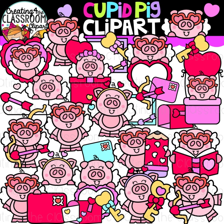 Cupid Pig Clipart | Valentines Pig clipart for decor and worksheets