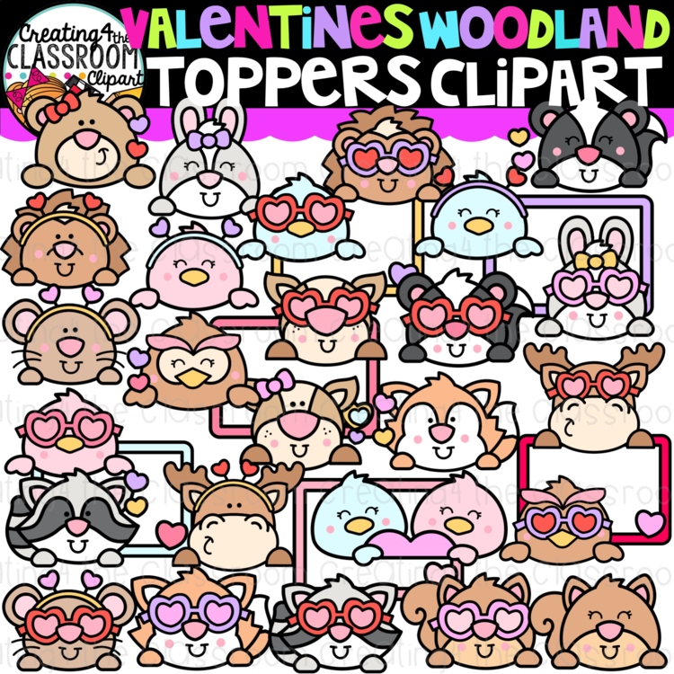 Valentines Woodland Animal Toppers Clipart| Valentines clipart for worksheets