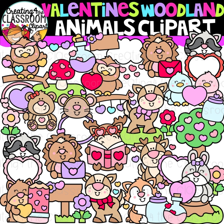 Valentines Woodland Animals Clipart| Valentines clipart for decor and worksheets