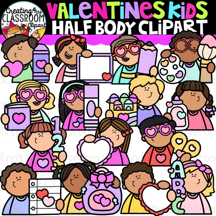 Valentines Half Body Kids Clipart | Valentines Kids clipart for worksheets