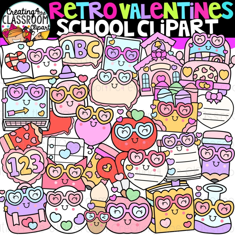 Retro Valentines School Clipart | Groovy Valentine clipart for worksheets