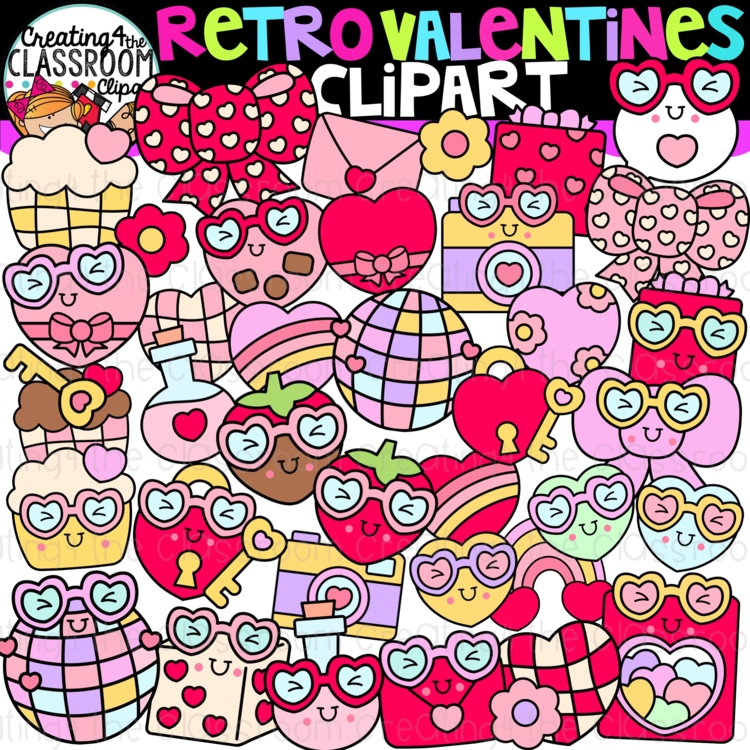 Retro Valentines Day Clipart | Groovy Valentine clipart for decor and worksheets