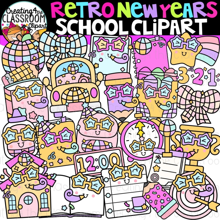 Retro New Years School Clipart | Groovy New Years clipart