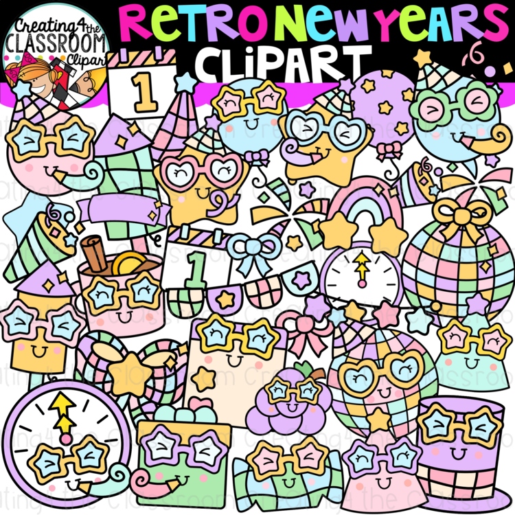 Retro New Years Clipart | Groovy New Years clipart for decor and worksheets