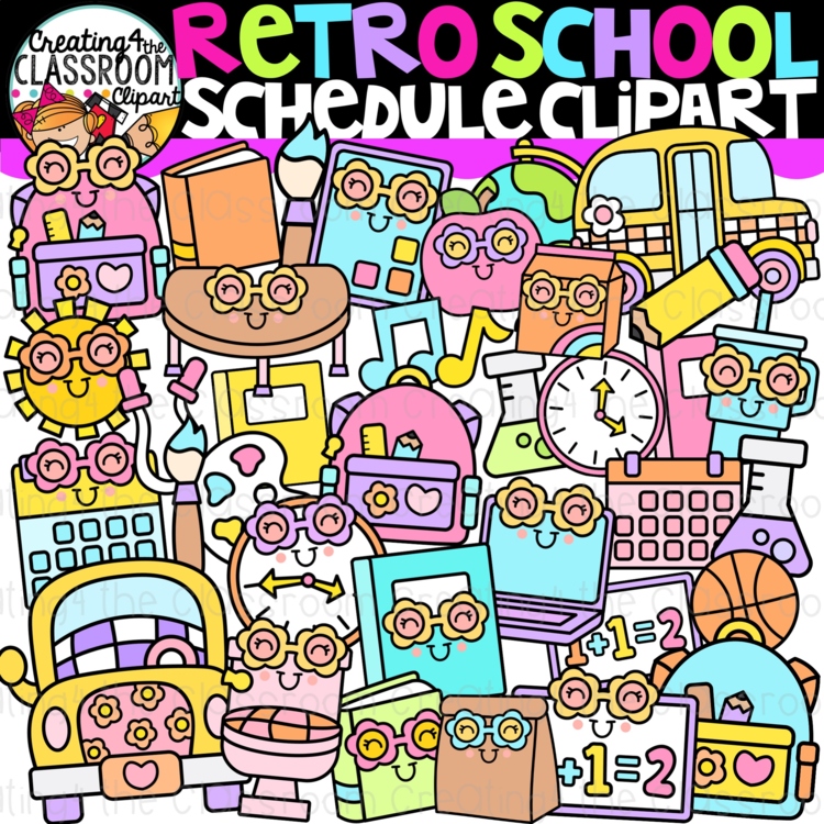 Retro School Schedule Clipart {Groovy Classroom Schedule Clipart}