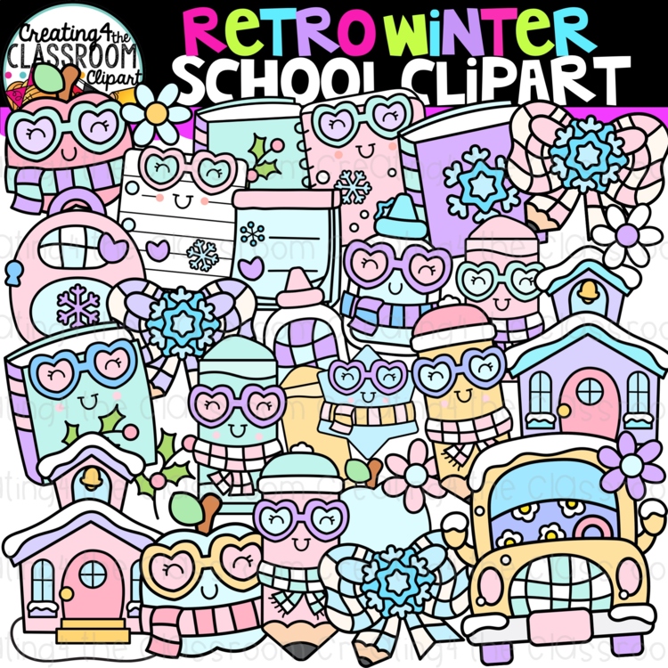 Retro Winter School Clipart | Groovy Winter clipart for decor and worksheets