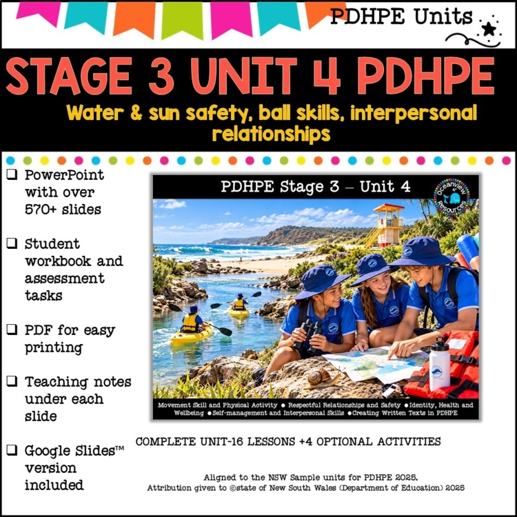 STAGE 3 UNIT 4 NSW Aligned PDHPE sun, water safety, healthy, relationships,games