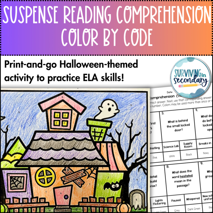 Suspenseful Reading Comprehension Coloring Activity - Halloween-Themed Review