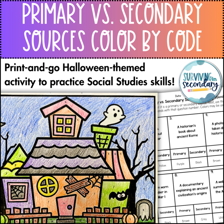 Primary vs. Secondary Sources Coloring Activity - Halloween-Themed Review