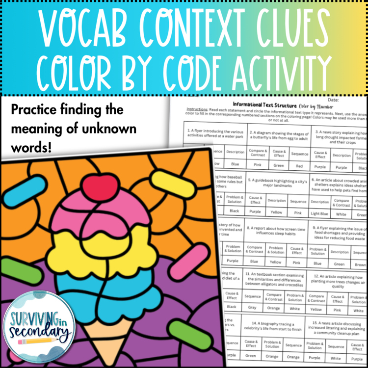 Vocabulary Context Clues Color by Code - 3/4 Grade ELA Activity - Ideal for ESY