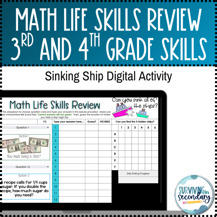 Math Life Skills Review Ship Sinker Digital Activity- Ideal for ESY