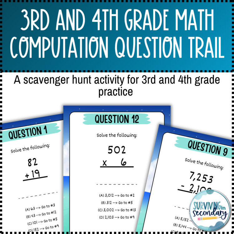 3rd and 4th Math Computation Review Question Trail Scavenger Hunt-Ideal for ESY