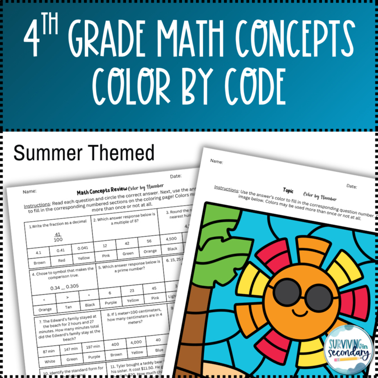 4th Grade Math Concepts Review Coloring Activity - Ideal for ESY