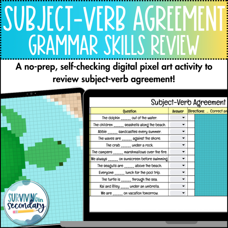 Subject-Verb Agreement Pixel Art - Self-Checking Grammar Review - Ideal for ESY