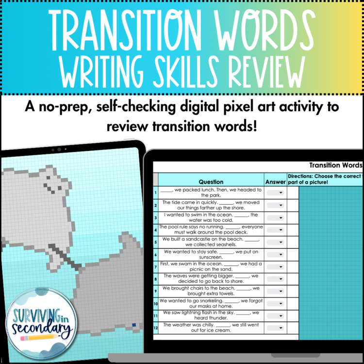 Transition Words Pixel Art - Self-Checking Writing Skills Review - Ideal for ESY
