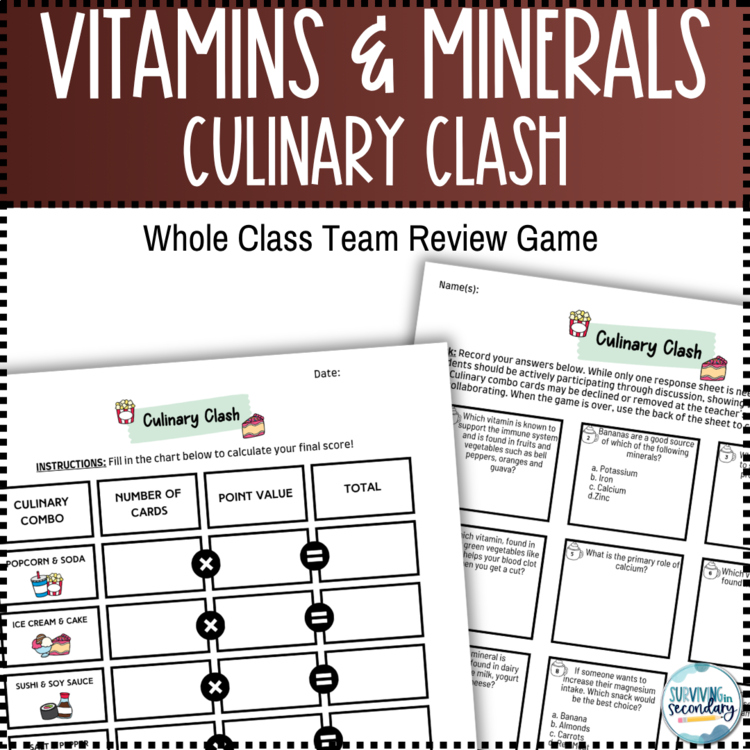 Vitamins and Minerals Whole Class Review Game | Nutrition Science Activity