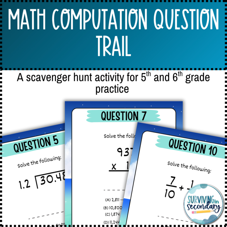 Math Computation Review Question Trail Scavenger Hunt-Ideal for ESY