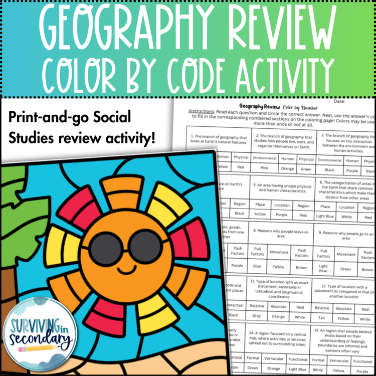 Geography Key Terms Color by Code - Engaging Social Studies Review Activity
