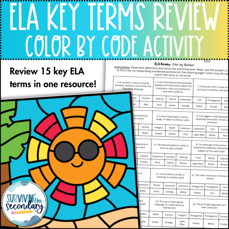 ELA Key Terms Color by Code - No-Prep Review for English Language Arts