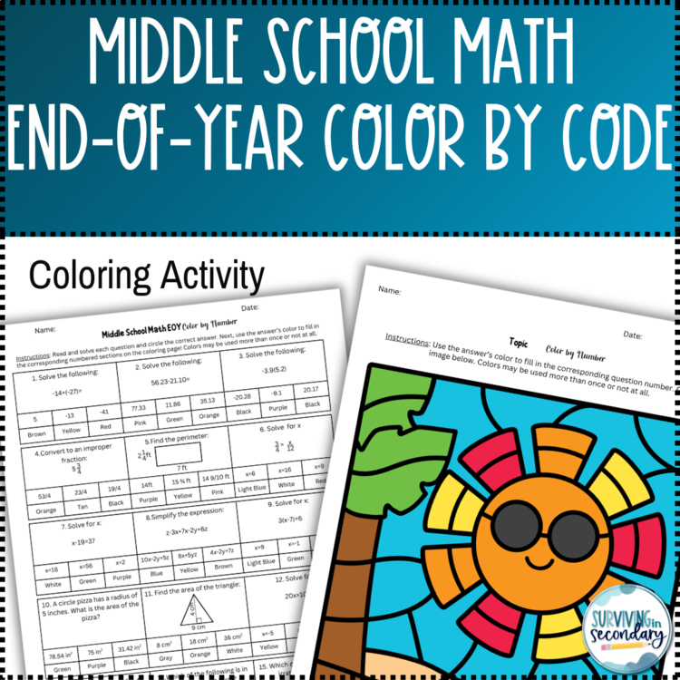 Middle School Math End of Year Color by Code Review Coloring Activity