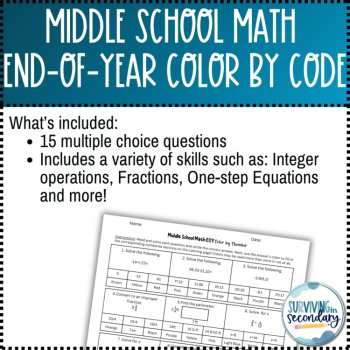 Middle School Math End of Year Color by Code Review Coloring Activity, image 2