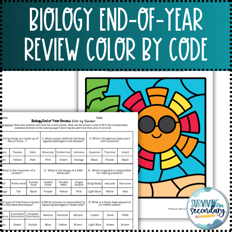 Biology End of Year Color by Code Review Coloring Activity