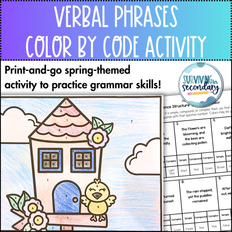 Verbal Phrases Birdhouse Coloring Activity for English Language Arts