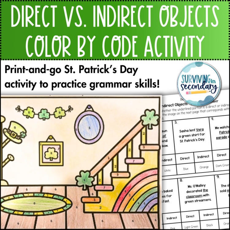 Direct vs. Indirect Objects St. Patrick's Day Coloring Activity for ELA