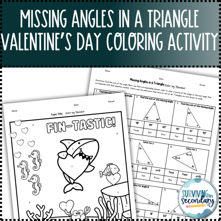 Missing Angles in a Triangle Valentine's Day Coloring Activity