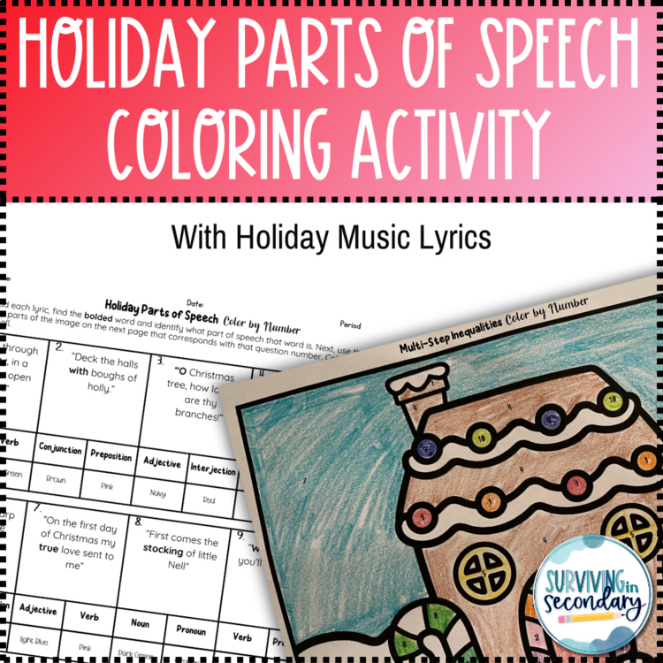 Parts of Speech Holiday Lyrics Coloring Gingerbread Activity