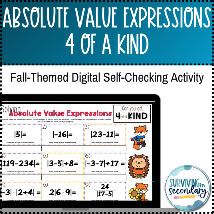 Absolute Value Expressions Fall-Themed Four of a Kind Digital Activity