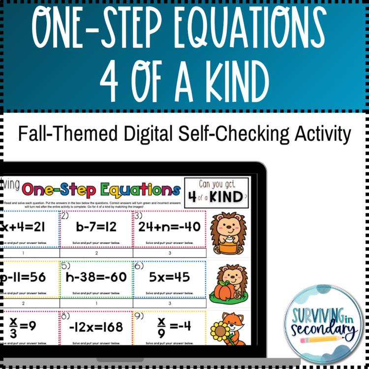 One-Step Equations Fall-Themed Four of a Kind Digital Activity