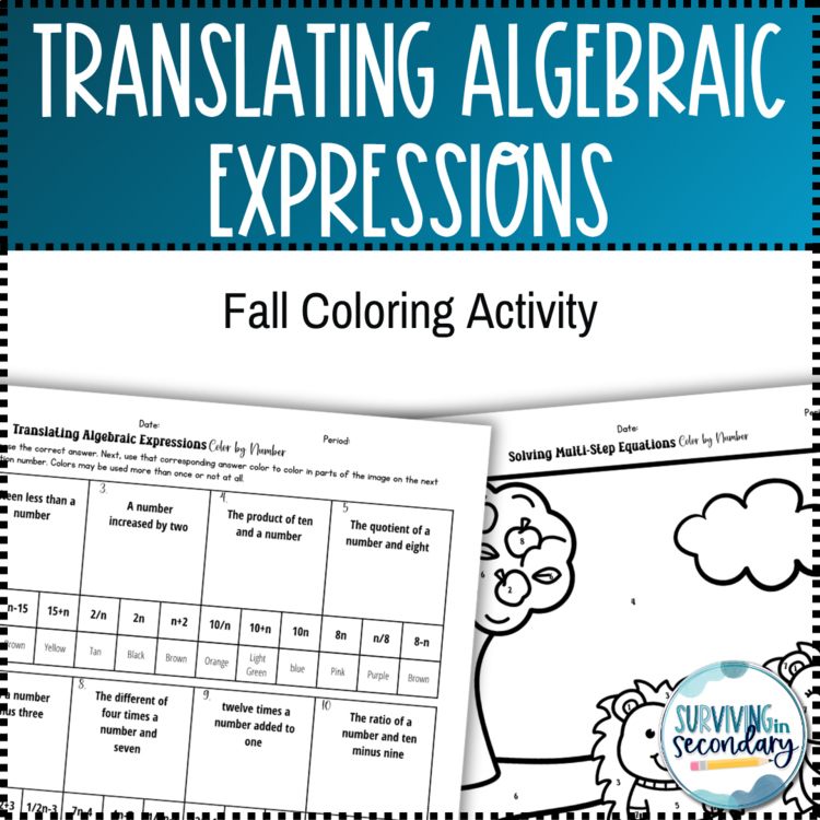Translating Algebraic Expressions Fall Coloring Activity