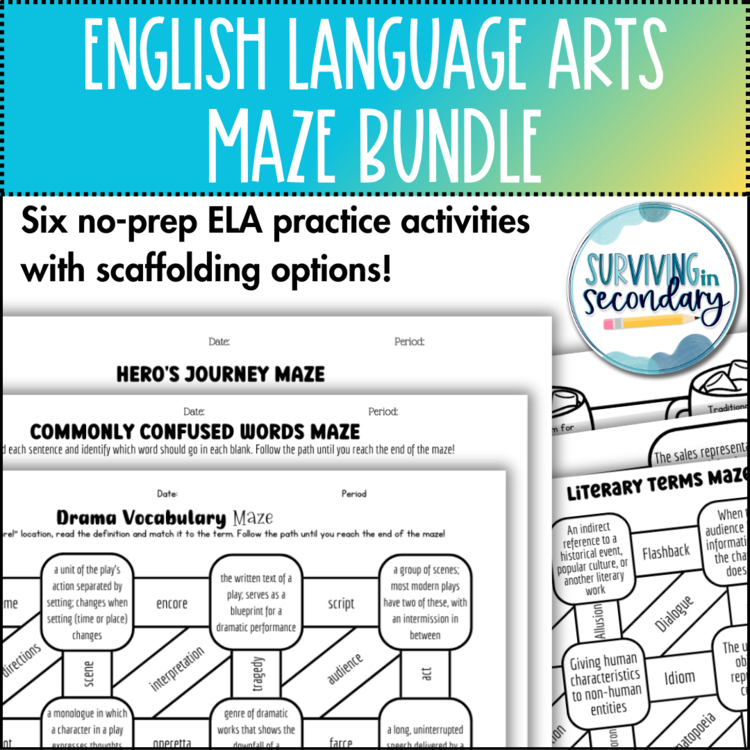 ELA Practice Activity BUNDLE - No-Prep Maze Worksheets for Middle & High School