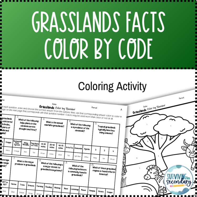 Grasslands Color by Code Science Coloring Activity