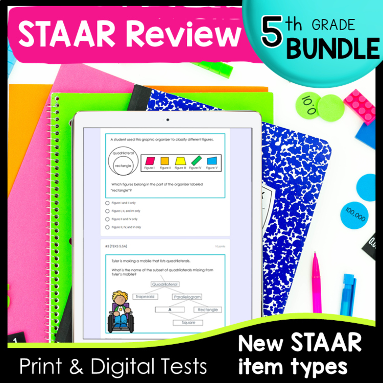 5th Grade STAAR Math Review Test Bundle - with New STAAR Item Types
