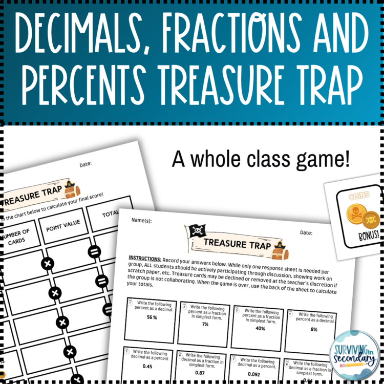 Decimals, Fractions and Percents Treasure Trap Whole Class Game