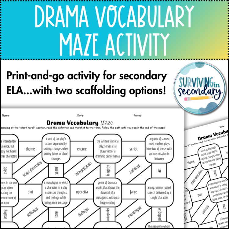Drama Vocabulary Maze - No-Prep Review Activity for Middle and High School ELA