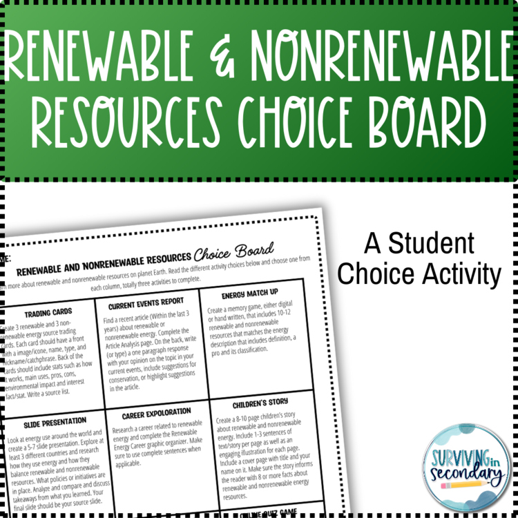 Renewable and Non-Renewable Energy Resources Choice Board Activity