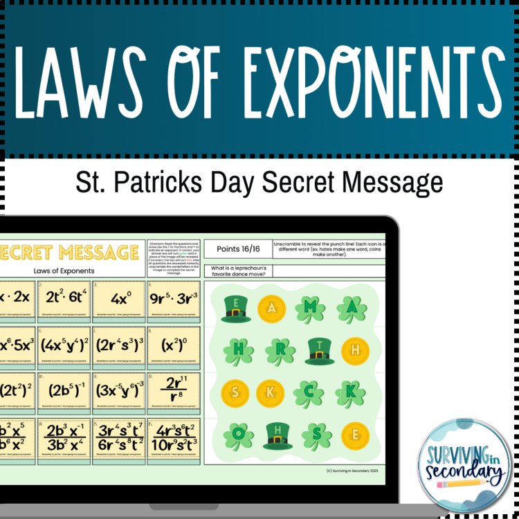 St. Patrick’s Day Secret Message Math Activity | Laws of Exponents