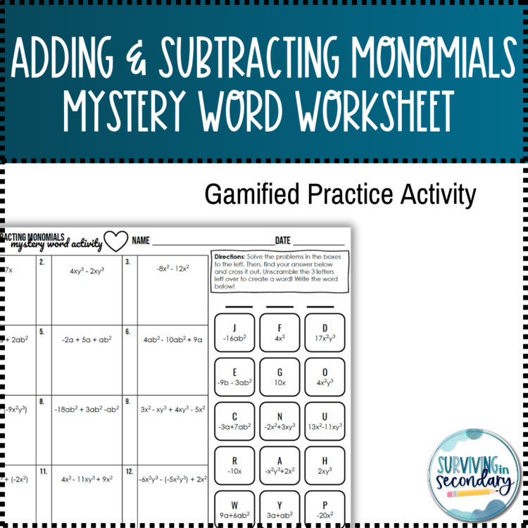 Adding and Subtracting Monomials Mystery Word Worksheet
