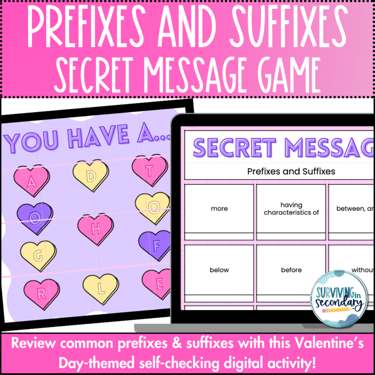 Prefixes & Suffixes Valentine's Day Review - Self-Checking Digital Game for ELA