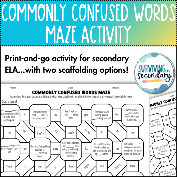 Commonly Confused Words Maze - No-Prep English Language Arts Activity