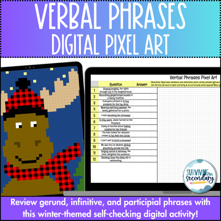 Verbal Phrases Winter Pixel Art - Self-Checking Digital Activity for ELA